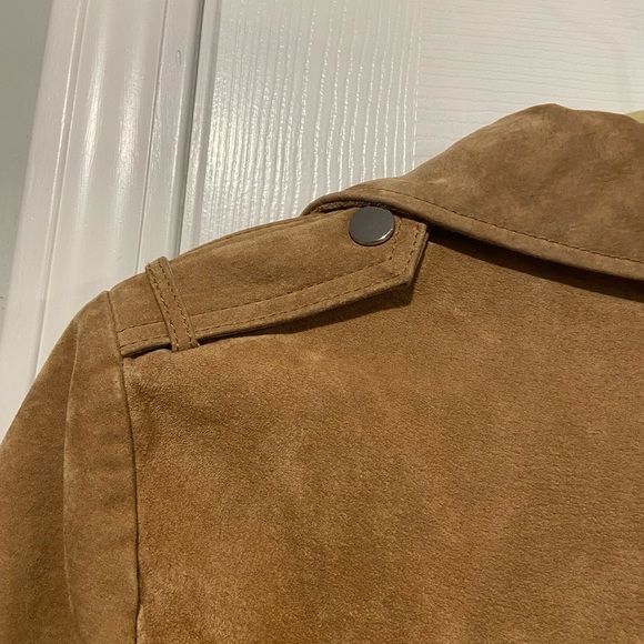 BCBGeneration Size S Camel Tan Suede Full Zip Buckles Moto Bomber Jacket Leather - Picture 11 of 14